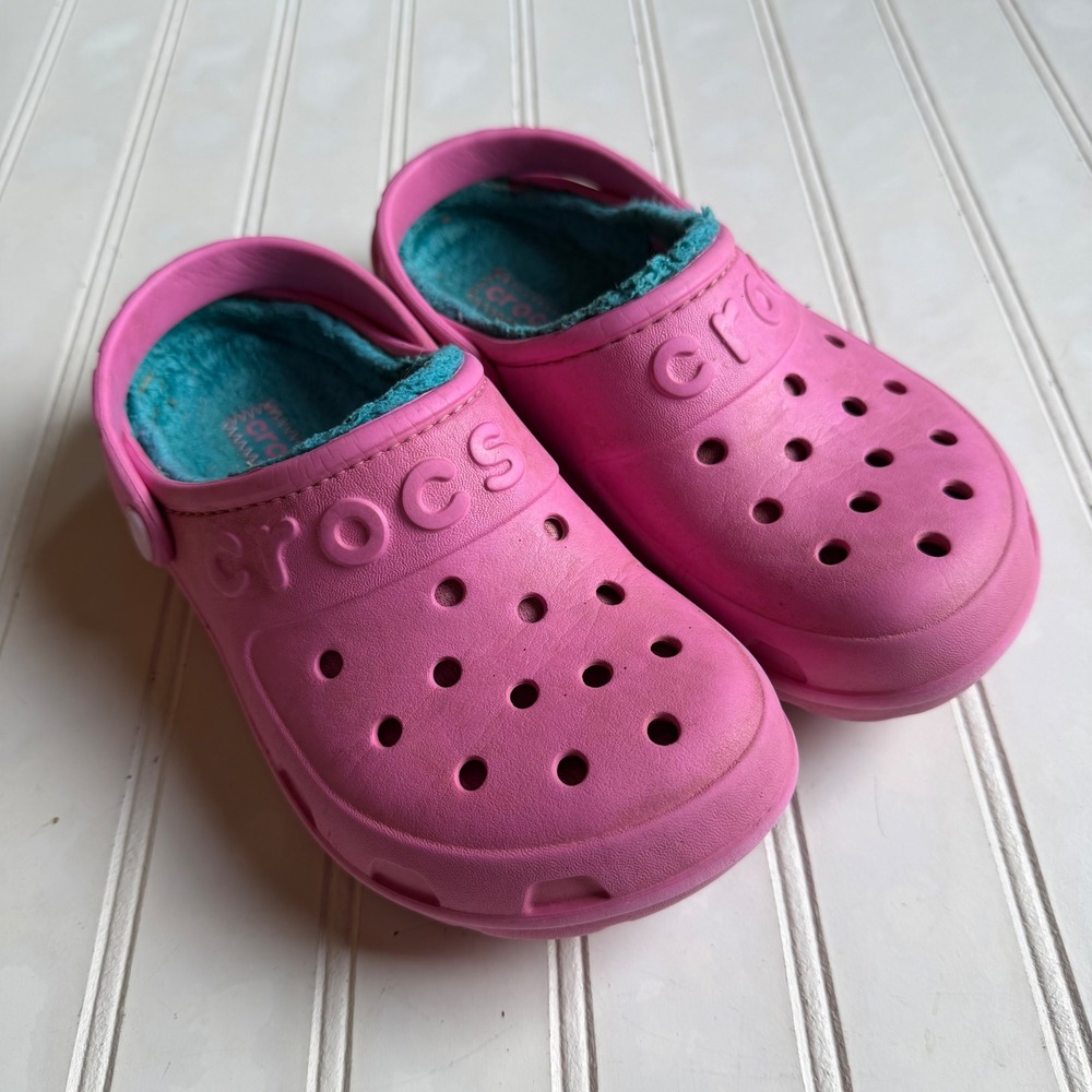 Crocs Kids Classic Lined Clog Pink Teal Fleece Size J1 Slip On Shoes